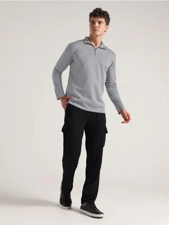 Men's  Stylish Grey Half-Zip Long Sleeve T-Shirt with Pants