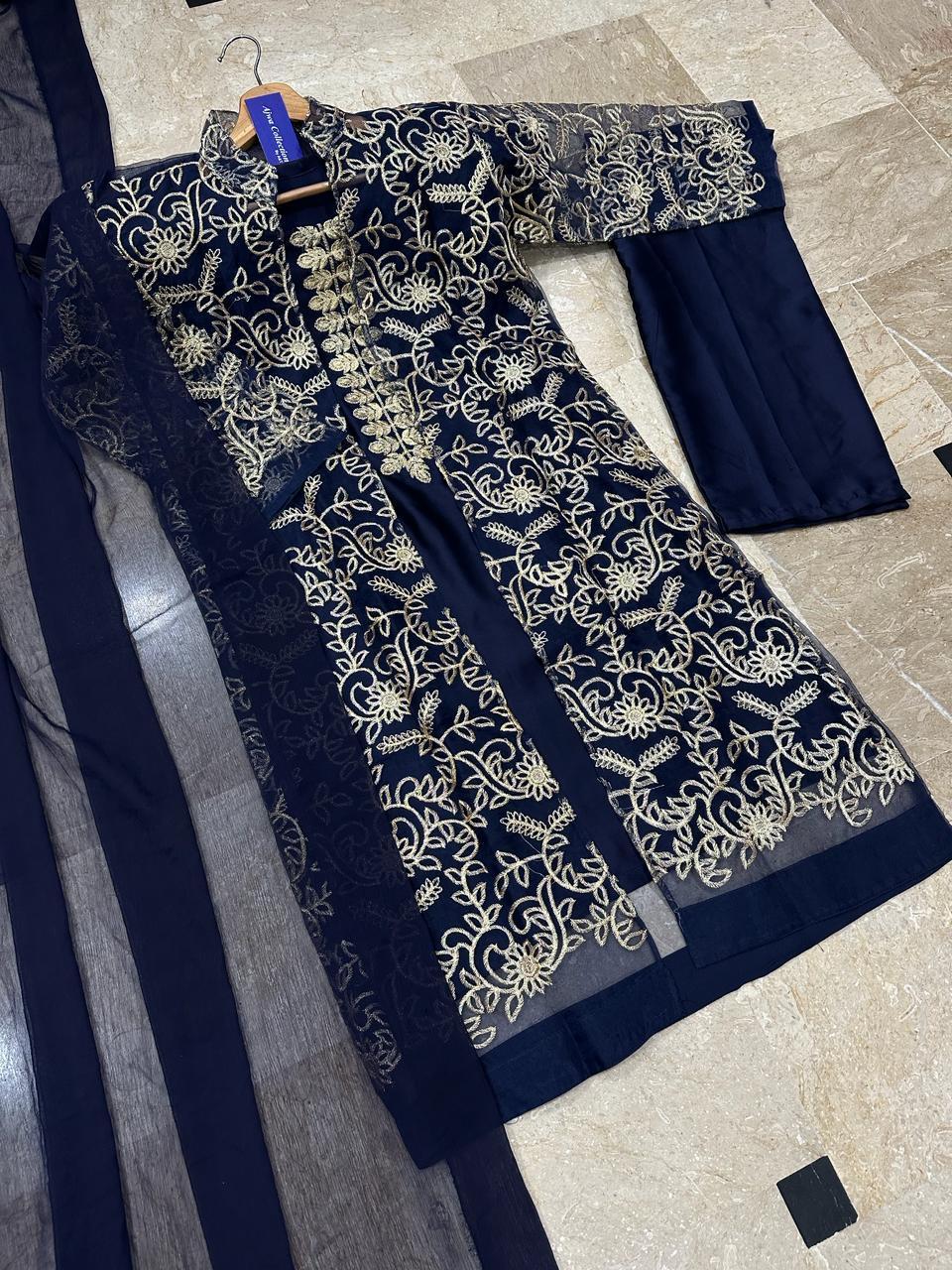 Stunning Women's Stitched Embroidered Gown Suit - 4 Pcs Shamoz Silk Set