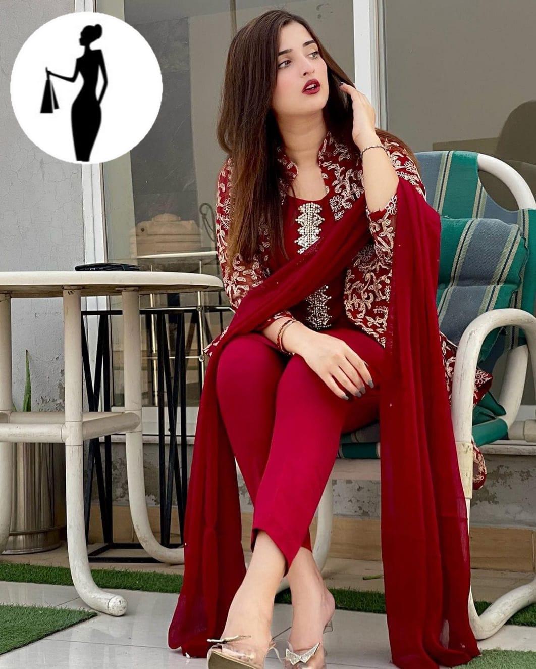 Elegant Maroon 4 Pcs Women's Stitched Gown Suit in Shamoz Silk with Embroidered Design