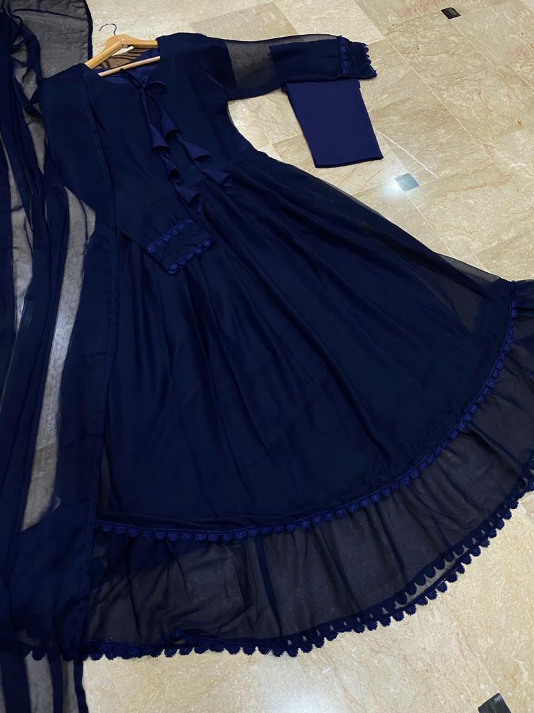 3 Pcs Women's Stitched Embroidered Long Dress Suit