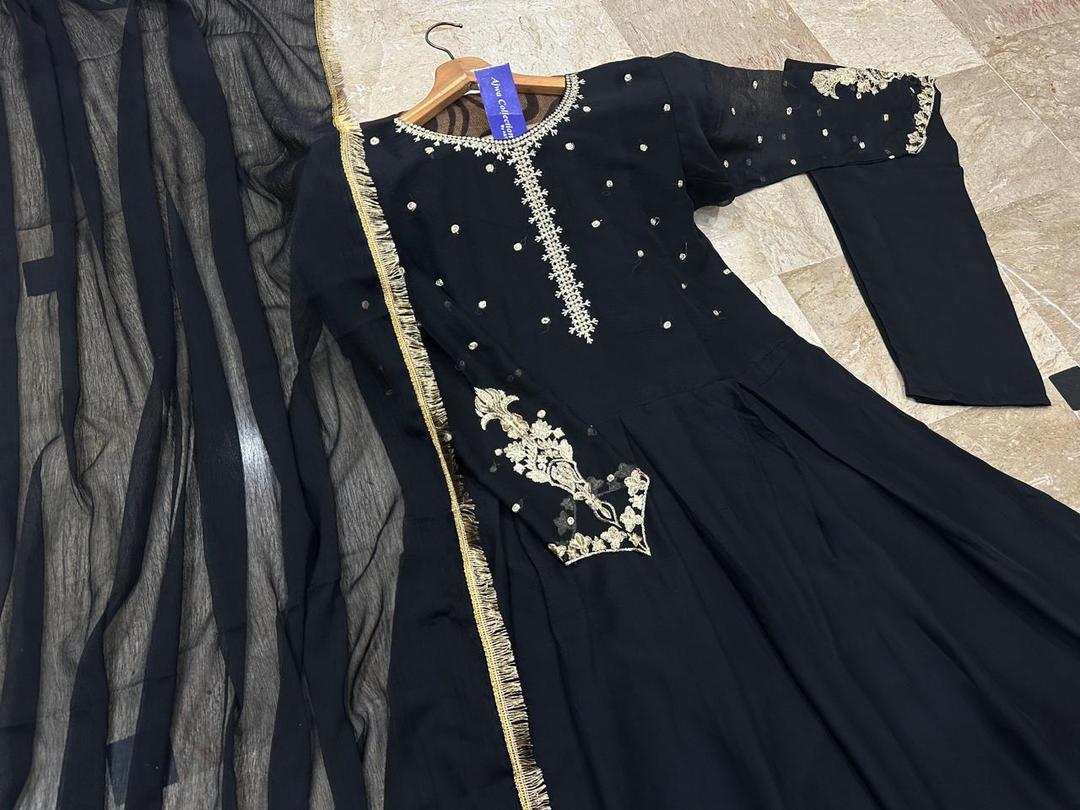 Stylish Women's Stitched Suit Set - 3 Pcs Embroidered Chiffon & Katan Silk Black Ensemble