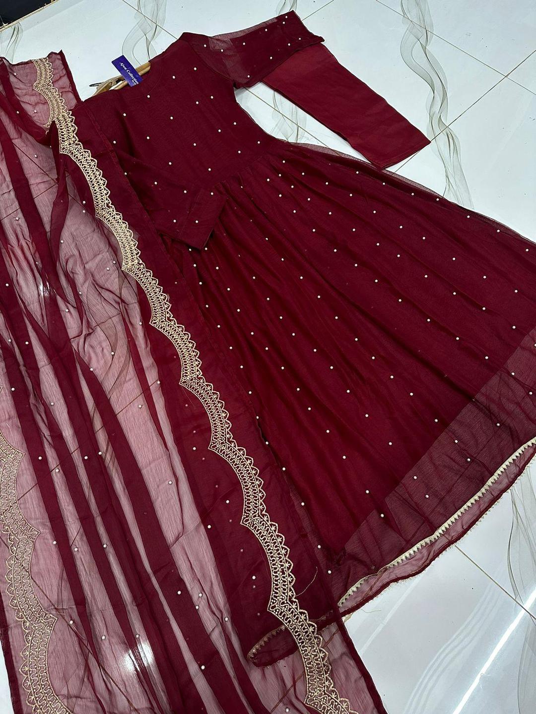 Women's Stitched Embroidered Chiffon Suit Set - 3 Pcs in Maroon