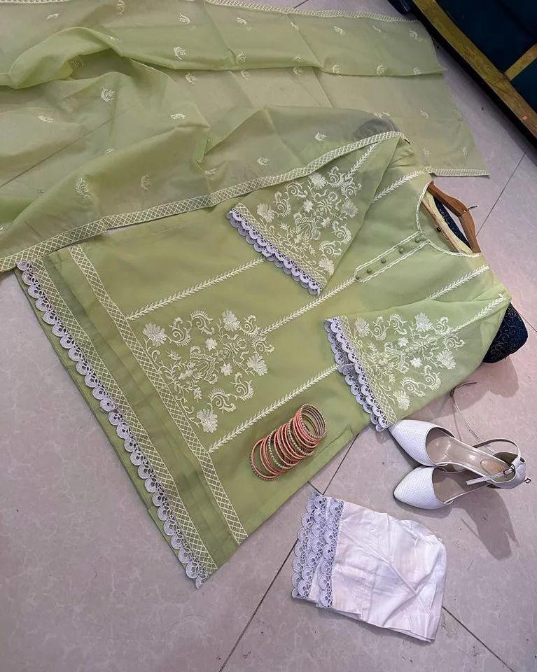 3 Pcs Embroidered Organza Suit Set for Women in Green
