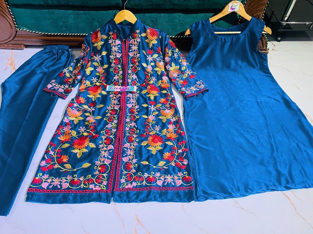 3 Pcs Women's Stitched Katan Silk Embroidered Gown Suit