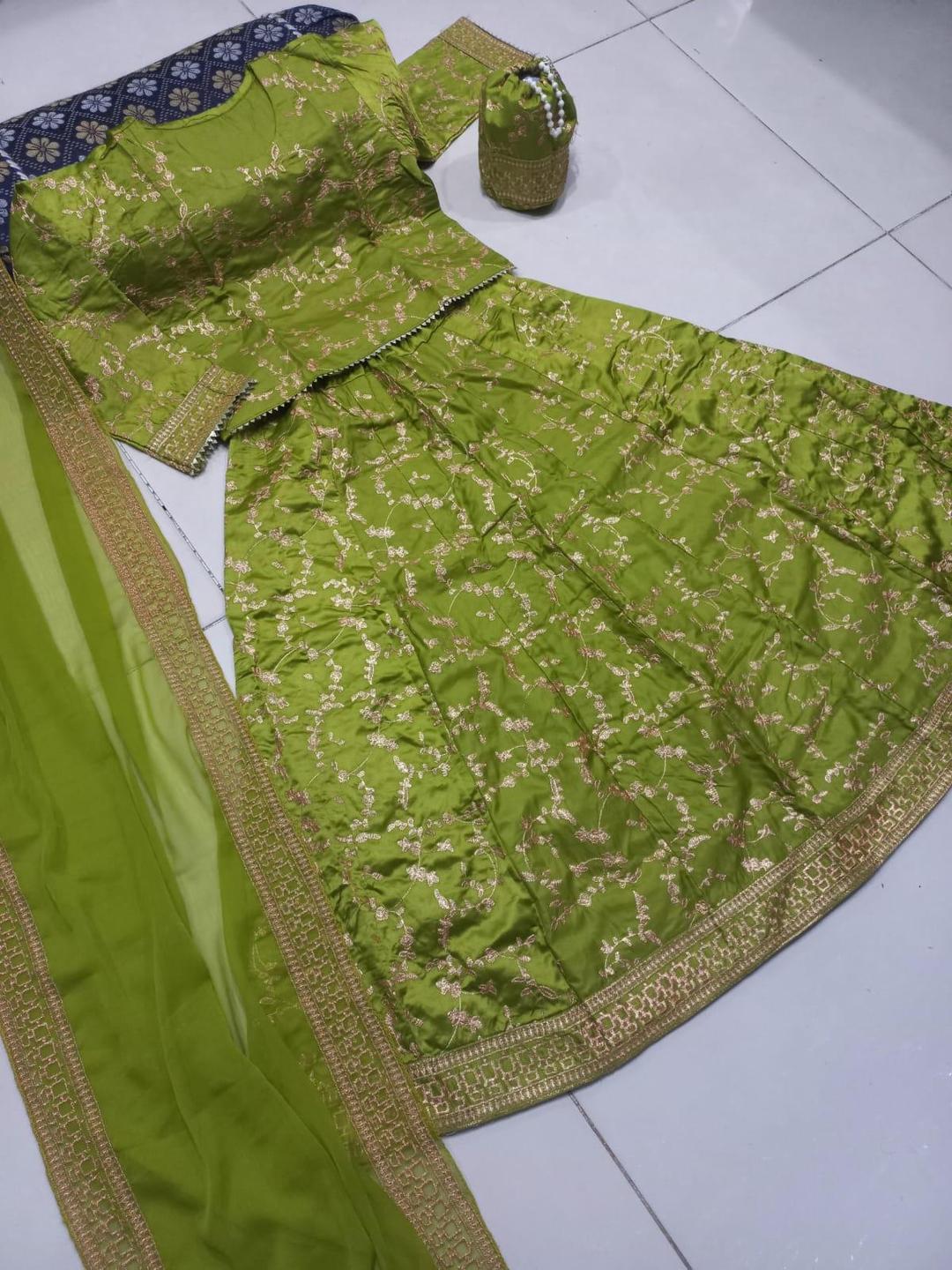 4 Pcs Women's Stitched Katan Silk Embroidered Lehenga Choli