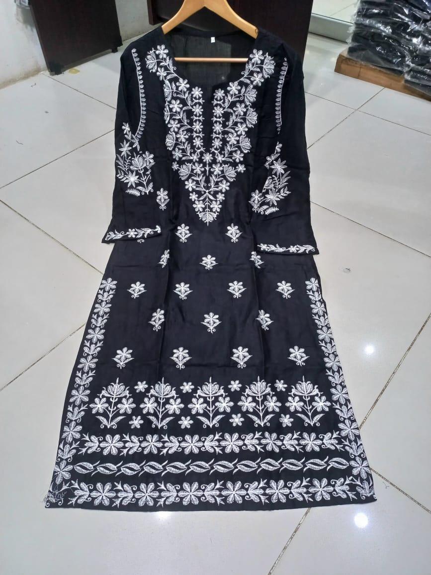 Women's Chikankari Embroidered Linen Kurta - 1 Pc, Round Neck, Black