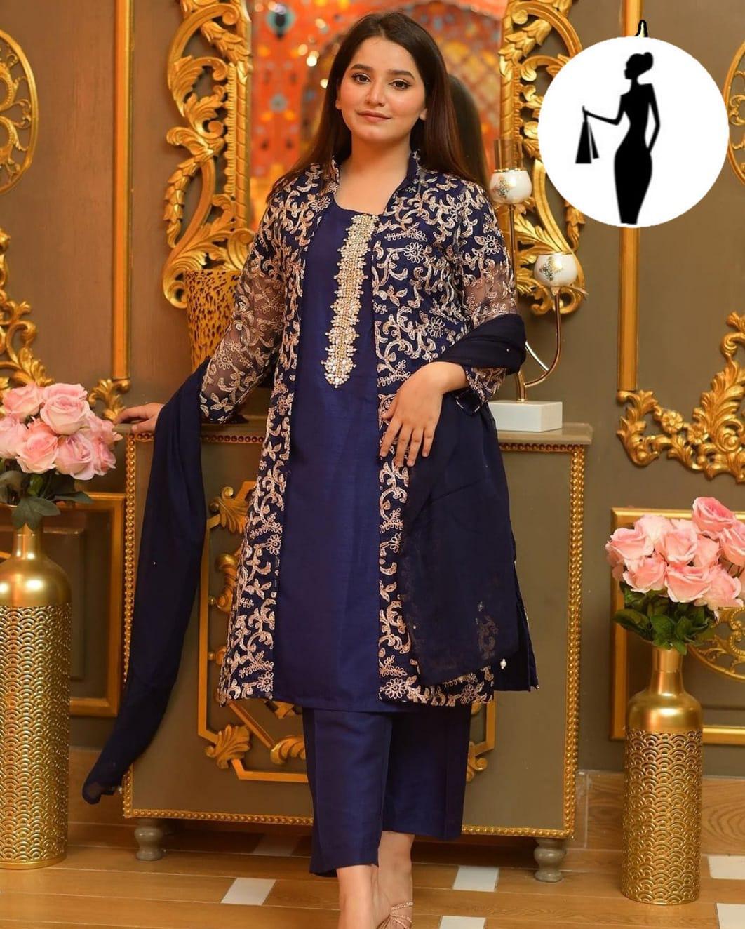 Stunning Women's Stitched Embroidered Gown Suit - 4 Pcs Shamoz Silk Set