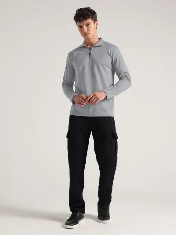 Men's  Stylish Grey Half-Zip Long Sleeve T-Shirt with Pants